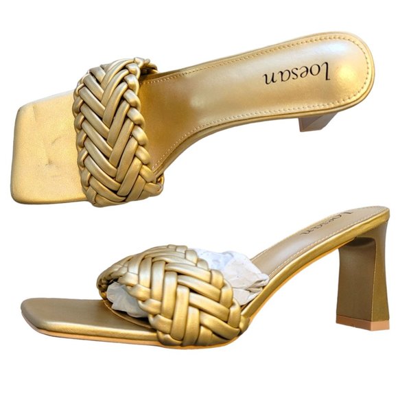 Gold Heeled Slides Dressy Sandals Square Toe Braided by Loesan Size 42 JJ3321 - Picture 5 of 9
